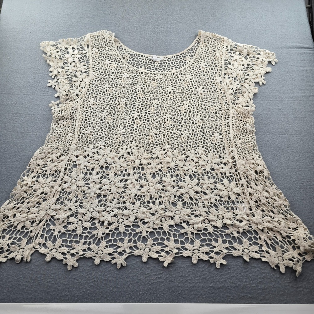 Roommates Crochet Top Women's 2X Beige Floral Stretch Cap Sleeve Round Neck